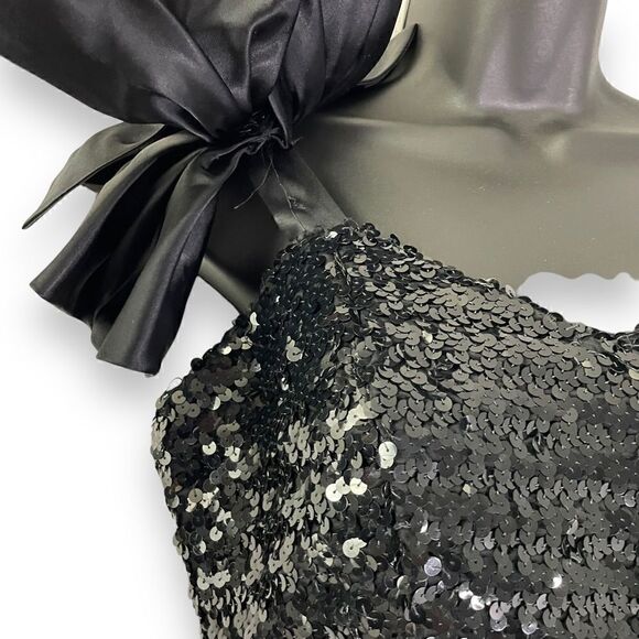 One Shoulder Black Vintage Sequin Gown Bow ILGWU Made 9 - Picture 6 of 14